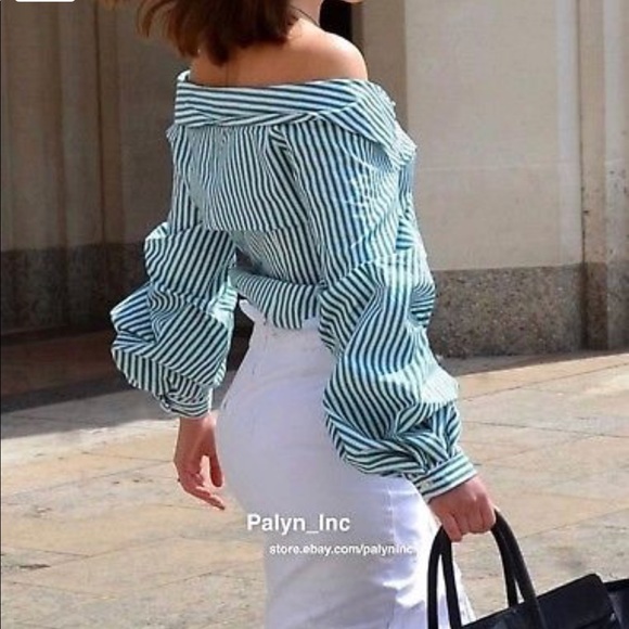 NWT Zara Green White Striped Open Neck Button Down - Picture 7 of 8